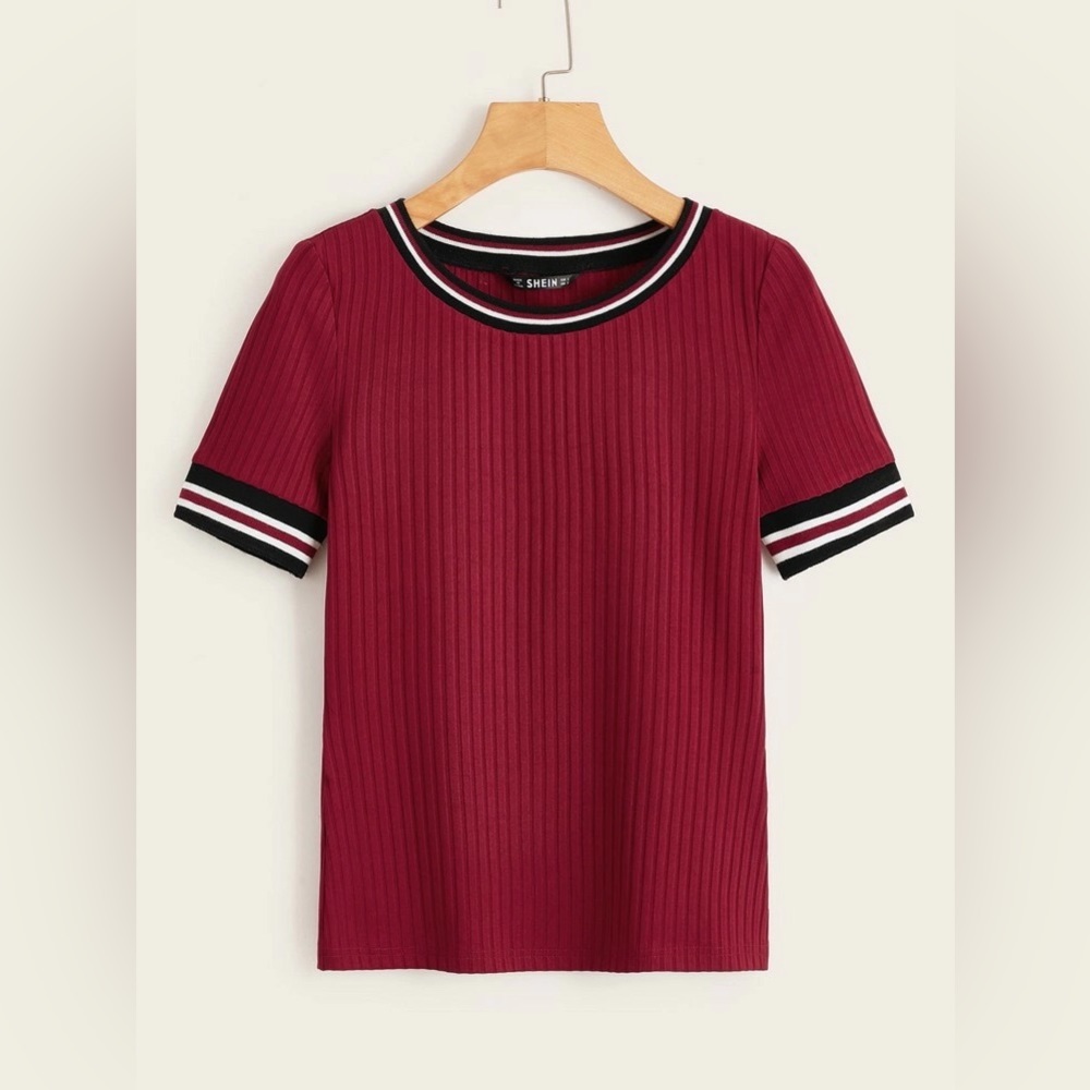 SHEIN Striped Trim Rib-Knit T-Shirt